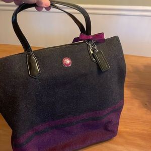 Coach Signature Stripe Wool Tote North South Charcoal Berry F24665